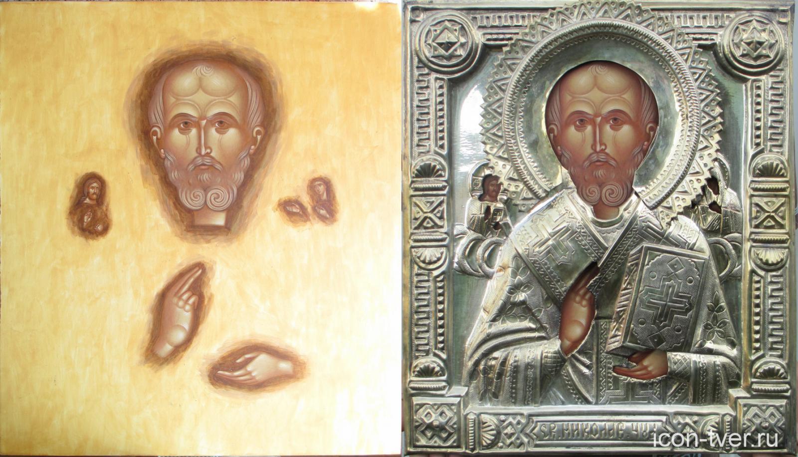 Старинная икона Стефана Великопермского в латунном окладе